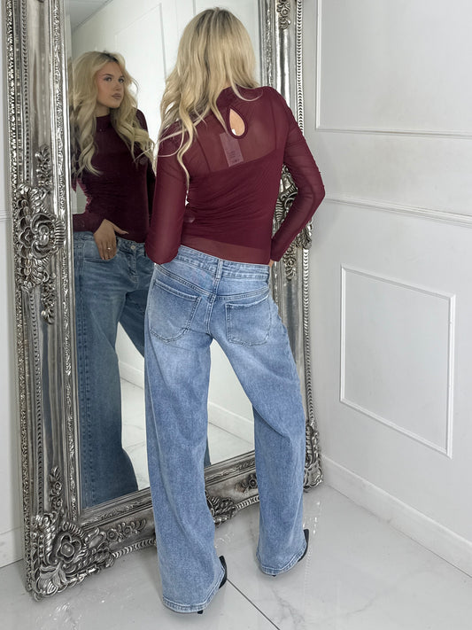 Mesh Long Sleeve Bodysuit With Under-layer Vest Top - Wine