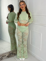 Round neck Lace Sleeves Crop Tee & Built In Black Knicker Underlayer Lace Flares Co-Ord - Sage Green