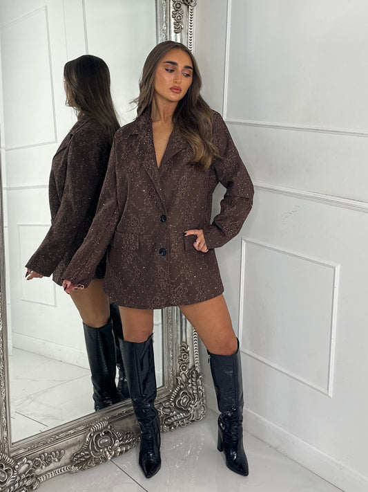 Lace Diamante Detail Oversized Blazer Dress - Brown