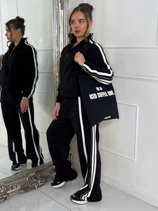 Side Stripe Collared Zip Up Jacket & Joggers Tracksuit - Black