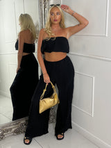 Pleated Bandeau & Wide Leg Pants Co-ord - Black