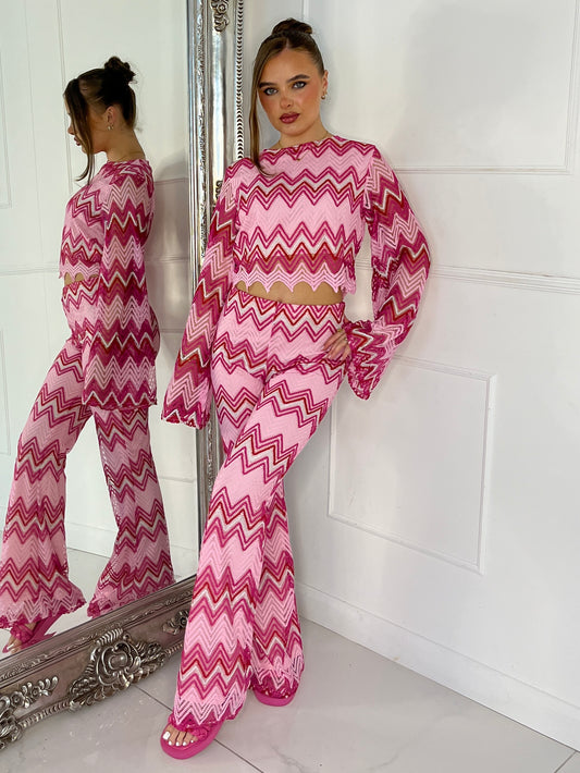 Knitted Crochet Flared Sleeve Top & Flared Pants Co-ord - White/Pink