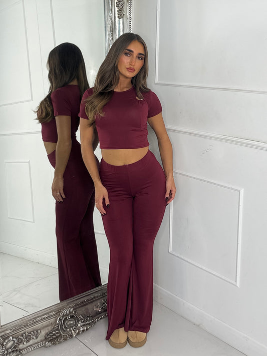 Heart Detail Crop Top & Wide Leg Pants Set - Wine