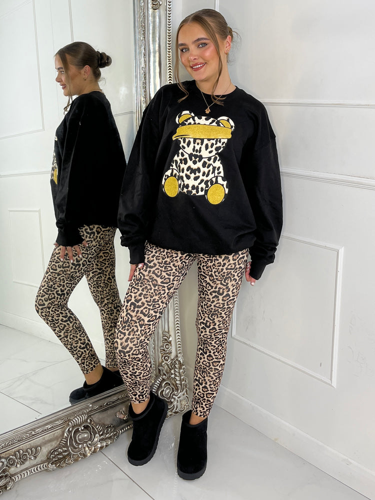 Leopard Print Teddy Oversized Sweatshirt - Black