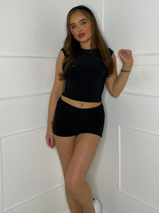 Fold Over Shorts And Crop Top Set - Black