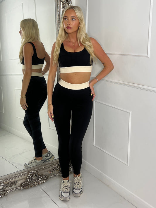 Two Tone Sports Bra & Band Detail Leggings Gym Set - Black/Beige