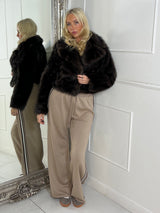 Cropped Collared Faux Fur Jacket - Brown