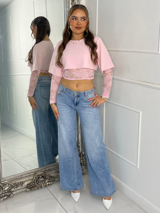 Round Neck Cropped Tee With Lace Bra Underlayer & Lace Sleeves - Baby Pink