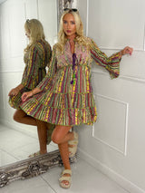 Embellished Tassle Detail Long Sleeve Boho Dress - Purple Multi
