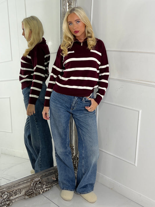 1/4 Zip Striped Jumper - Wine / Cream