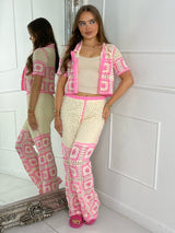Patterned Crochet Skirt & Flared Pants Co ord - Beige / Pink