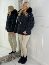 Padded Belted Coat With Faux Fur Hood - Black