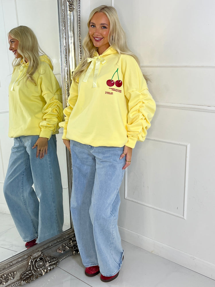 Cherry Perfection Print Ruche Sleeve Hoodie - Yellow