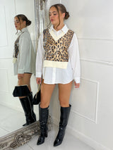 Leopard Sequin Detail White Shirt - Beige Trim