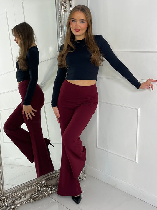 High Waisted Kick Flared Pants - Wine