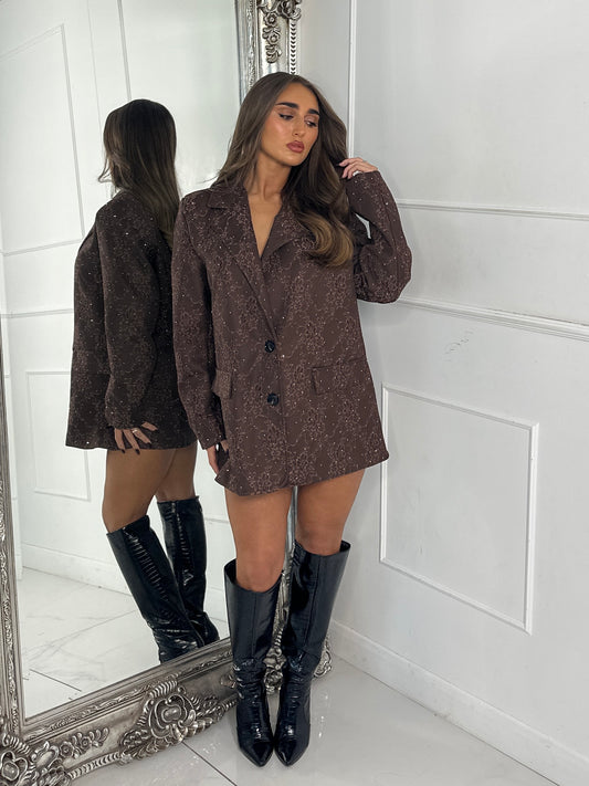 Lace Diamante Detail Oversized Blazer Dress - Brown