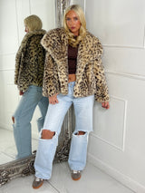 Leopard Print Faux Fur Collared Jacket - Beige/Brown
