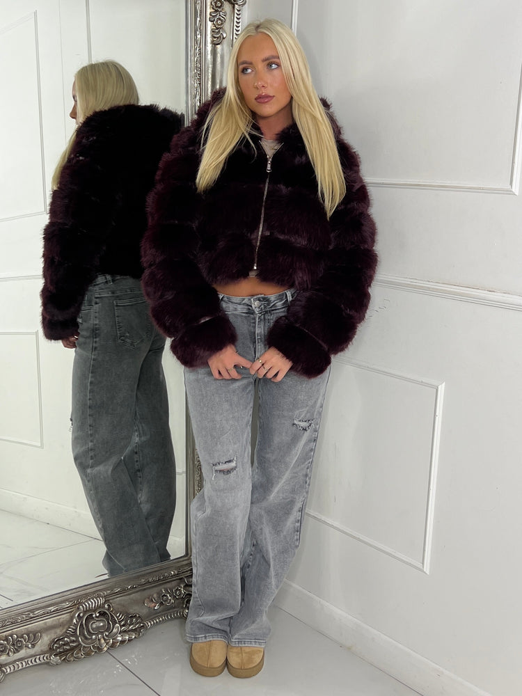 Hooded Faux Fur Tiered Jacket - Wine