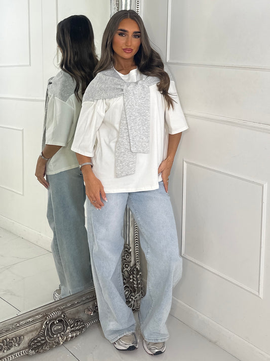 Tennis Style Oversized Tee with Overlay Detail - White/Grey