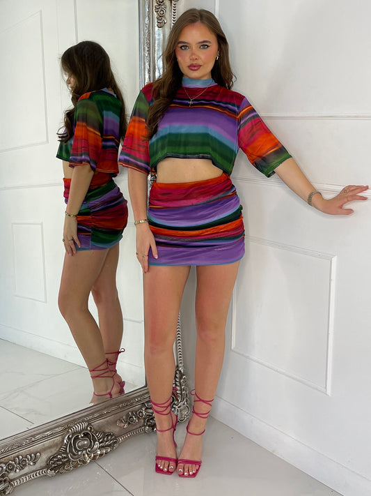 Mesh Cropped T-Shirt and Ruched Side Skirt Co-Ord - Multi Stripe