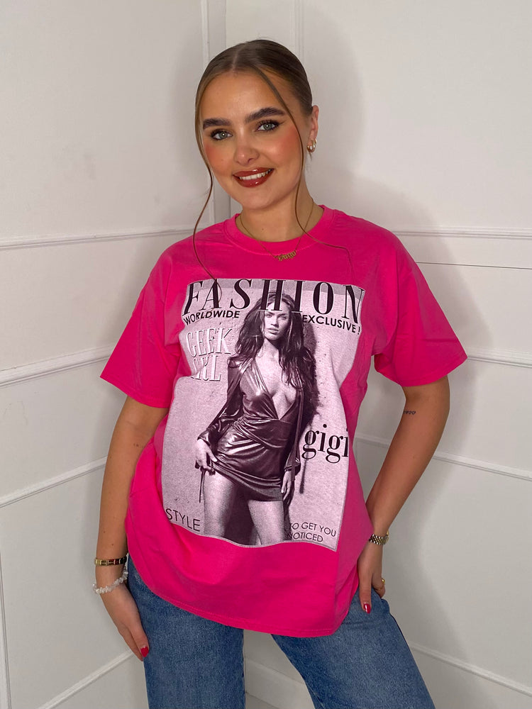 Fashion Print T-shirt- Hot Pink