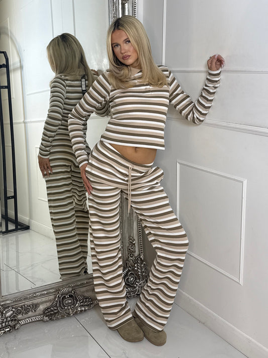 Collar Detail Striped Long Sleeve Top & Wide Leg Pants Co-Ord - Beige Multi