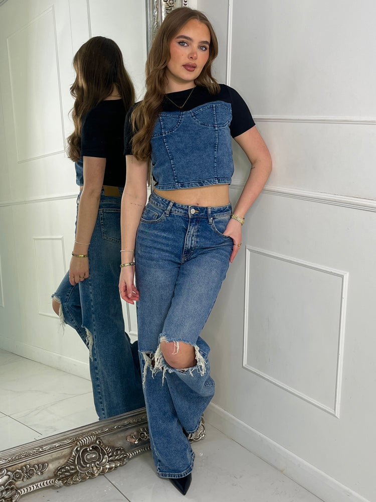 Blue Denim Corset Contrast Crop Tshirt - Black