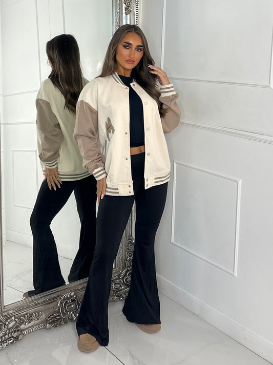 Embroidered Teddy Detail Varsity Jacket - Beige/Cream