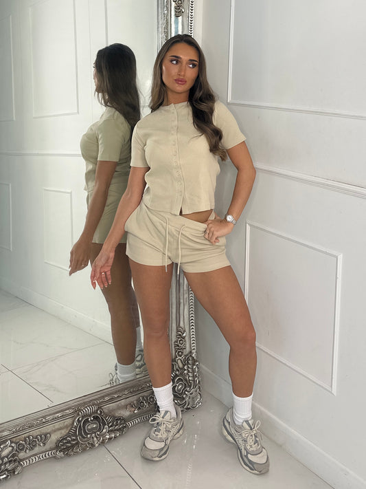 Round Neck Button Up Ribbed Top & Drawstring Shorts Co-ord - Beige