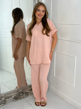 Gold Button Detail Oversized Top & Wide Leg Pants Co-Ord - Baby Pink