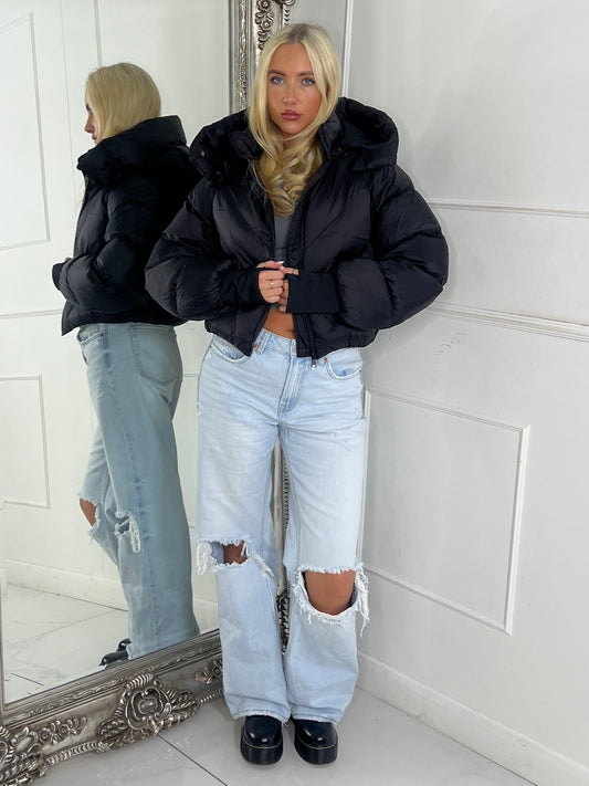 Puffer Coat With Detachable Hood - Black