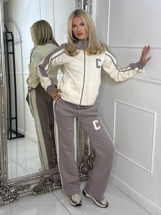 Colour Block Contrast “C” Embroidery Tracksuit - Dove Grey/Cream