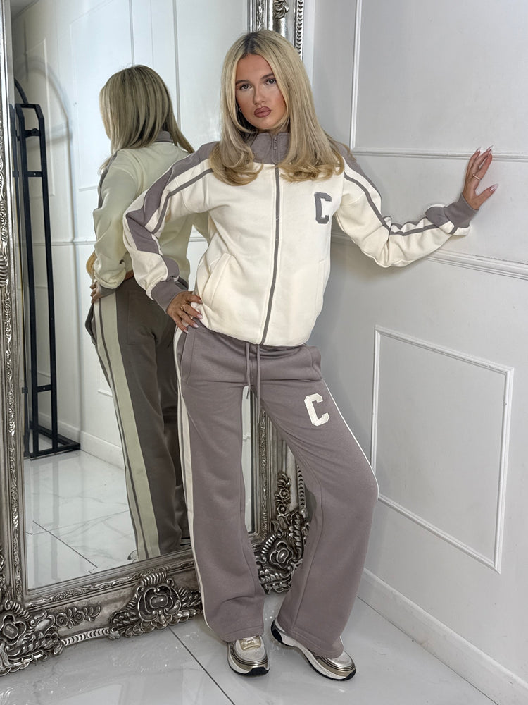 Colour Block Contrast “C” Embroidery Tracksuit - Dove Grey/Cream