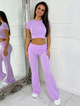 Ribbed Crop Top & Fold Over Flares Loungesuit - Lilac