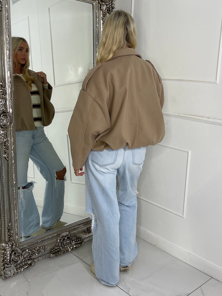 Collared Oversized Bomber Jacket - Beige