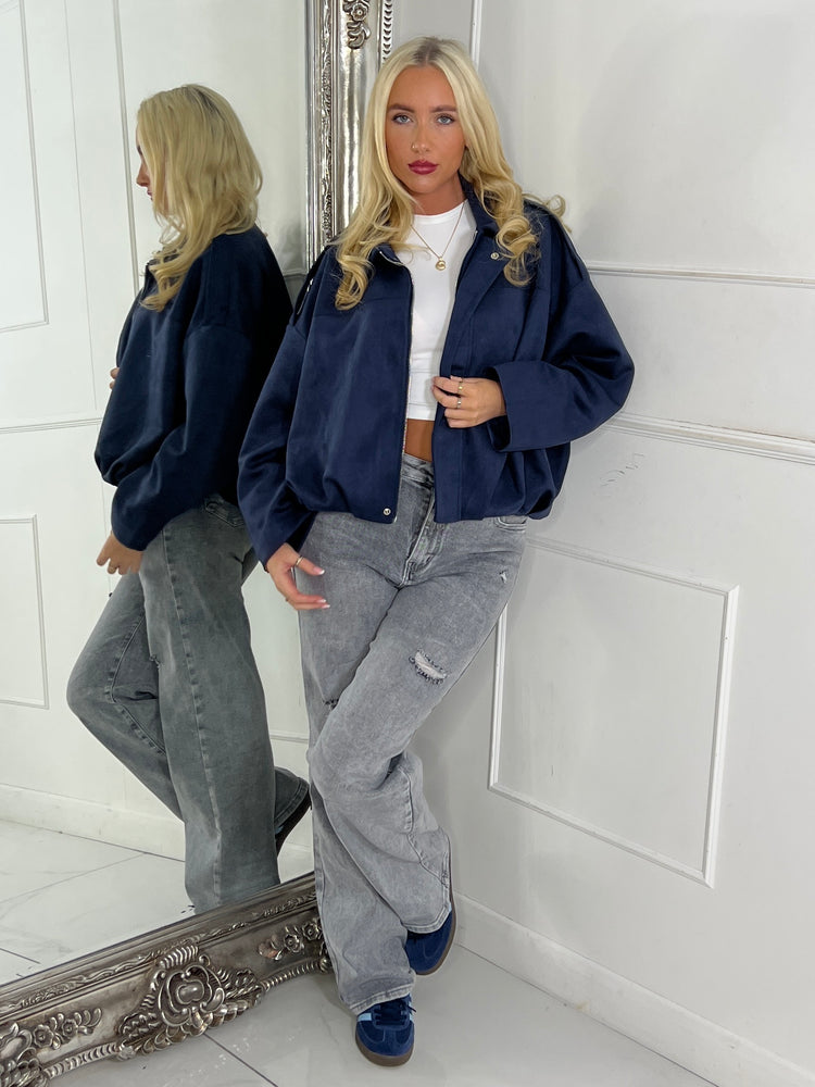 Suede Collared Oversized Bomber Jacket - Navy