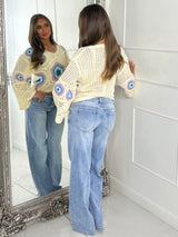 Flare sleeve V Neck Crochet Top - Beige/Multi Five