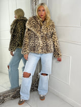 Leopard Print Faux Fur Collared Jacket - Beige/Brown