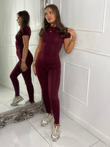 Round Neck Short Sleeve Second Skin Top & Sculpt Panel Leggings - Wine