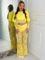 Round neck Lace Sleeves Crop Tee & Built In Black Knicker Underlayer Lace Flares Co-Ord - Yellow