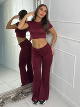 Crop Tee & Fold Over Flares Loungesuit - Wine