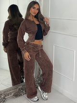 Cropped Zip Up Acid Wash Tracksuit - Chocolate