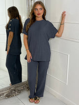 Gold Button Detail Oversized Top & Wide Leg Pants Co-Ord - Charcoal Grey