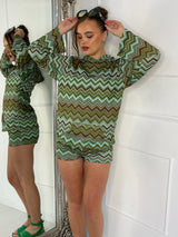 Crochet Print Hoodie & Low Waisted Shorts Co-ord - Green Crochet