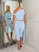 Asymmetric Tie Shoulder Top & Capri Pants Co-Ord - Baby Blue