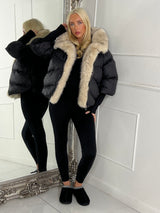 Hooded Puffer Coat With Faux Fur Trim - Black/Apricot Fur