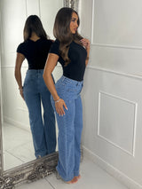 High Waist Pocket Front Jewelled Button Jeans - Denim Blue