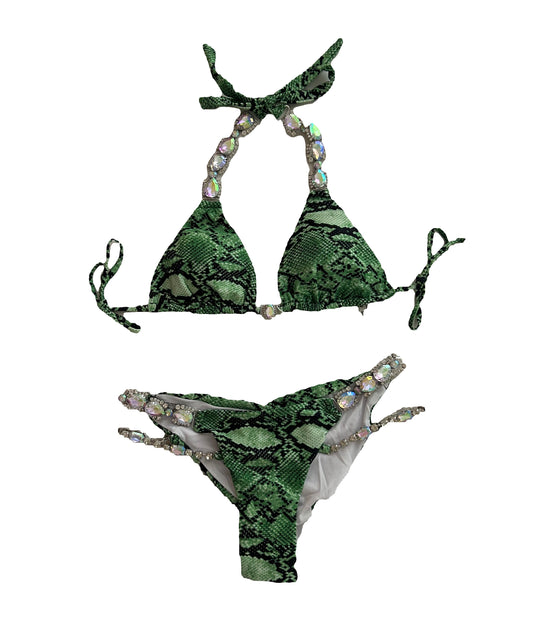 Jewelled Detail Snake Print Bikini - Green