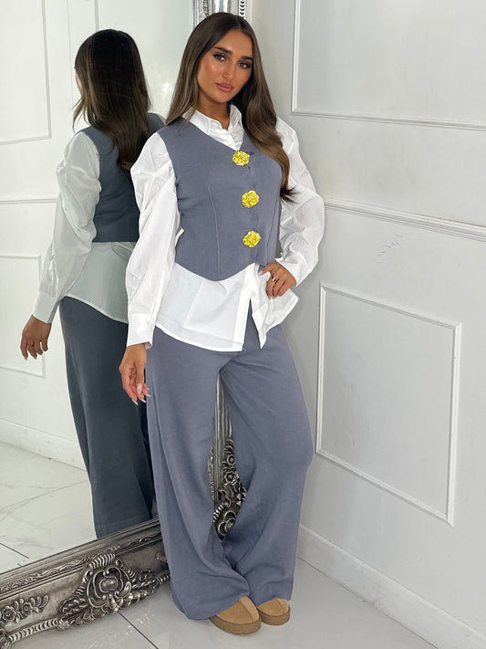 3 Piece Knitted Waistcoat & Shirt Set - Charcoal