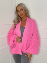 Balloon Sleeve Knitted Cardigan - Neon Pink